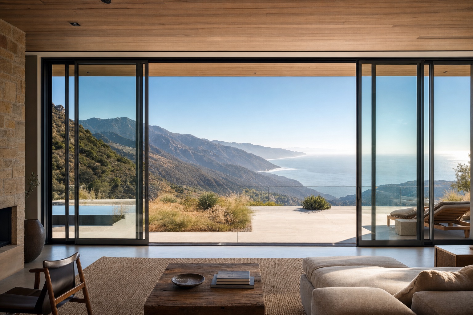 A contemporary American home opening to a coastal landscape